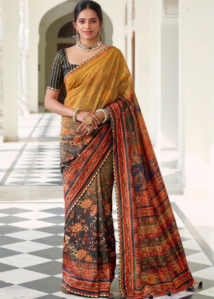 Yellow & Blue Floral Digital Print Silk Saree | Stitched Blouse - qivii