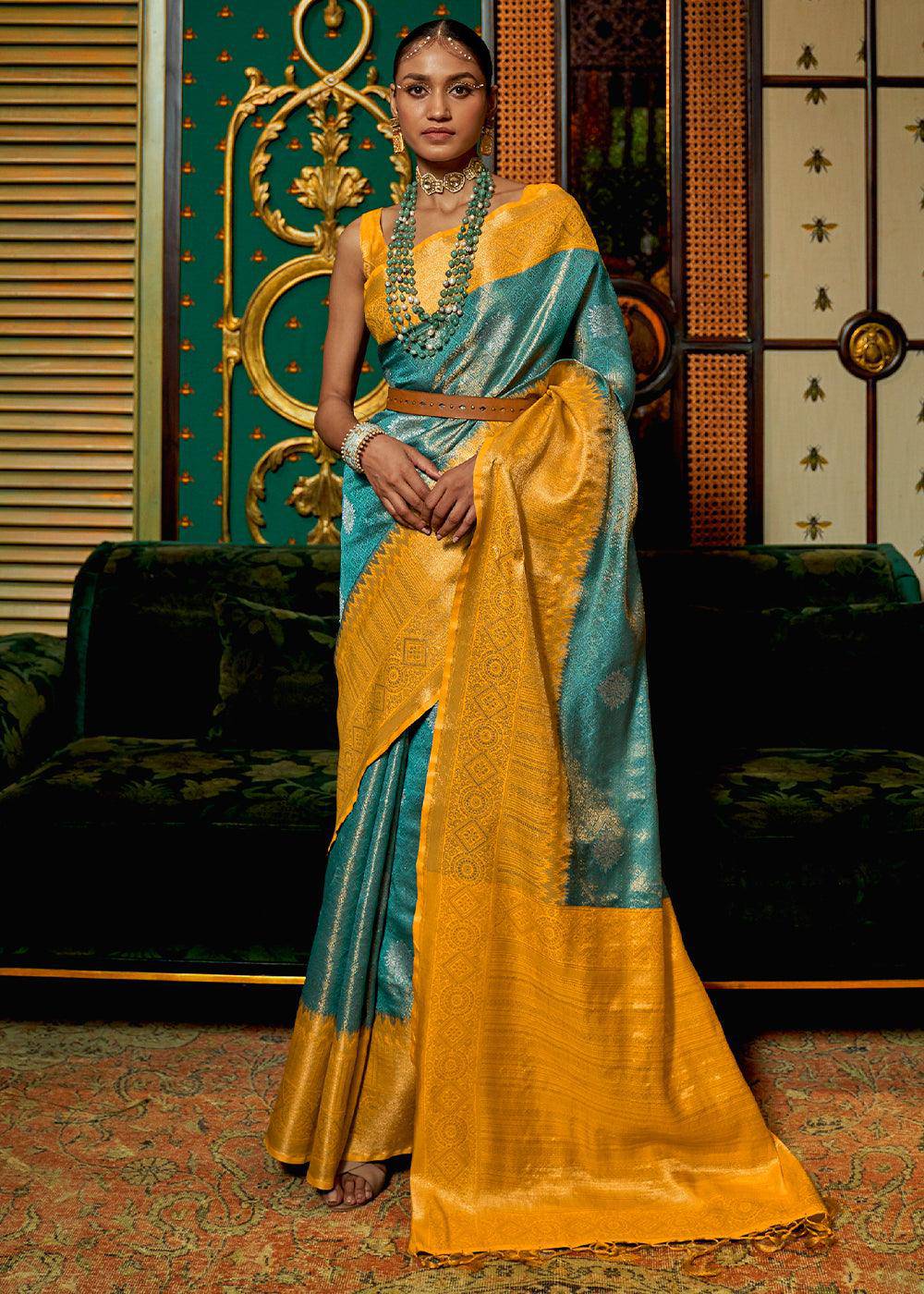 Yellow & Blue Zari Woven Silk Saree with Tassels on Pallu | Stitched Blouse - qivii