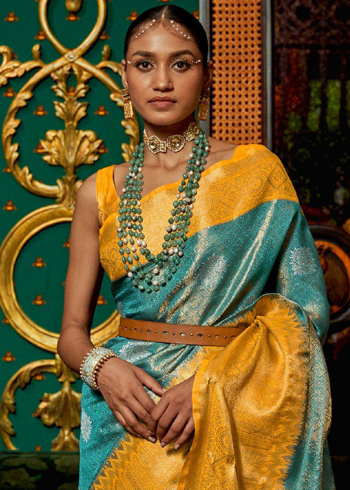 Yellow & Blue Zari Woven Silk Saree with Tassels on Pallu | Stitched Blouse - qivii