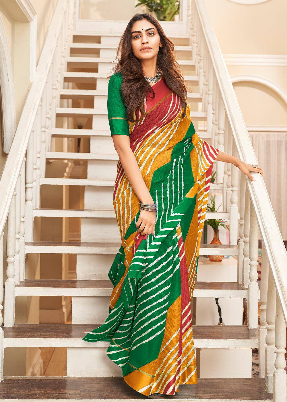 Yellow & Green Leheriya Printed Cotton Saree : Top Pick | Stitched Blouse - qivii