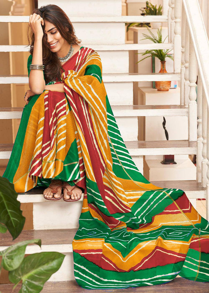 Yellow & Green Leheriya Printed Cotton Saree : Top Pick | Stitched Blouse - qivii