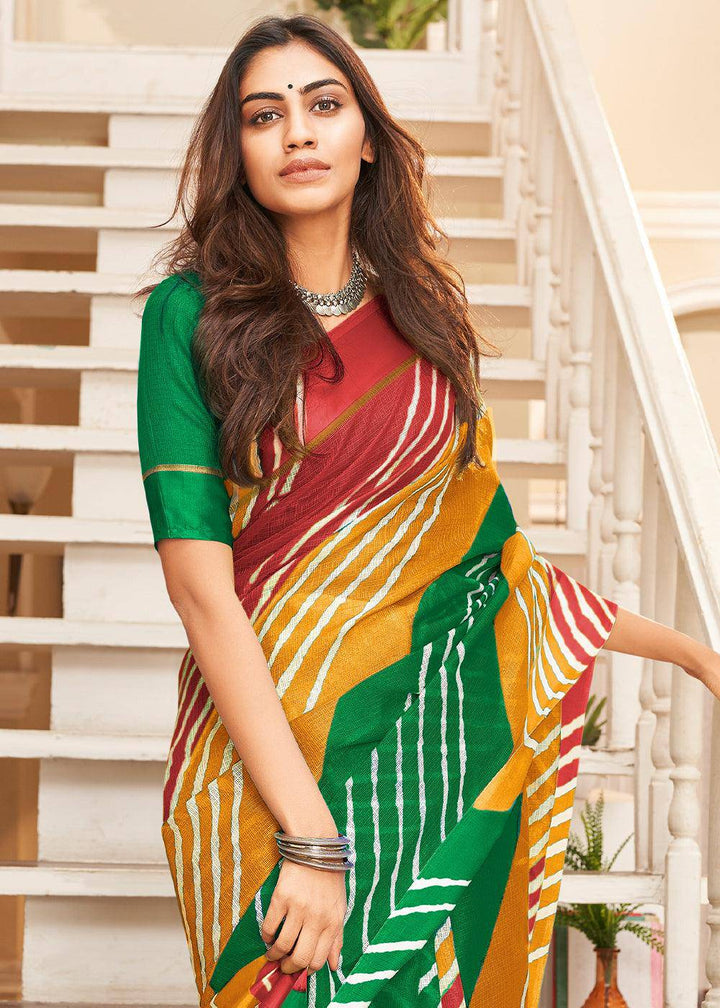 Yellow & Green Leheriya Printed Cotton Saree : Top Pick | Stitched Blouse - qivii