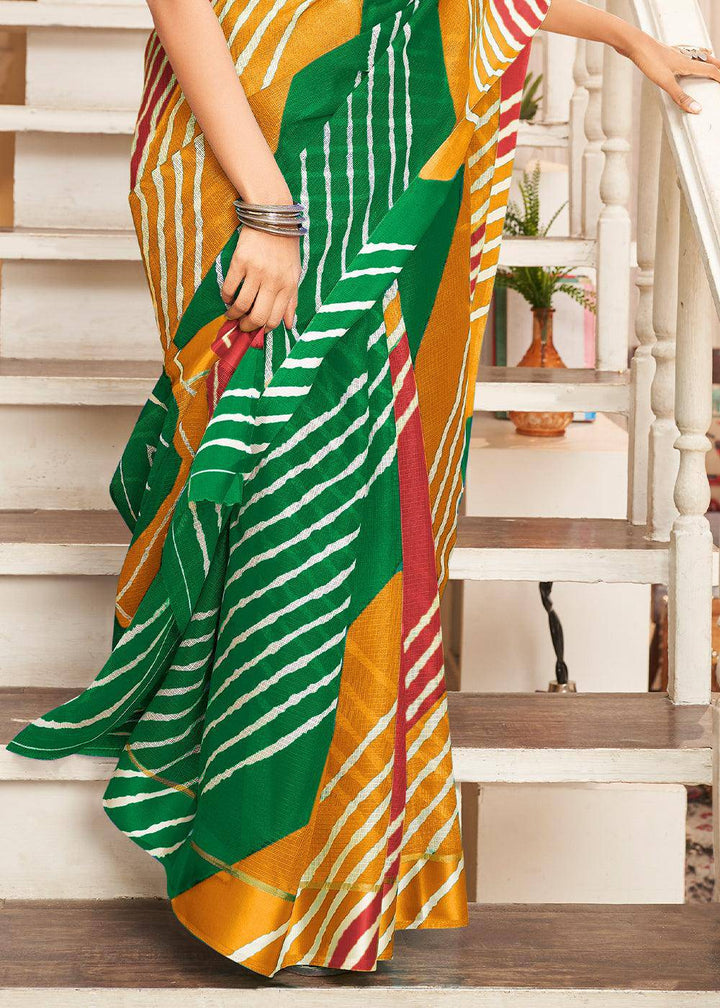 Yellow & Green Leheriya Printed Cotton Saree : Top Pick | Stitched Blouse - qivii