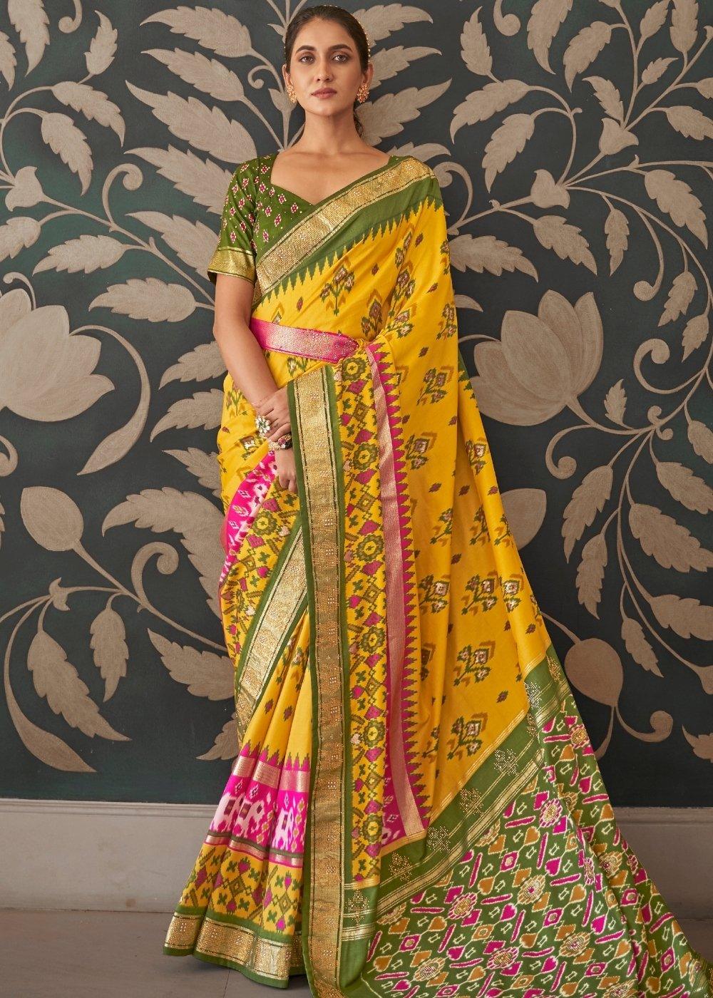 Yellow & Green Patola Silk Saree with Zari Border & Tassels On Pallu | Stitched Blouse - qivii