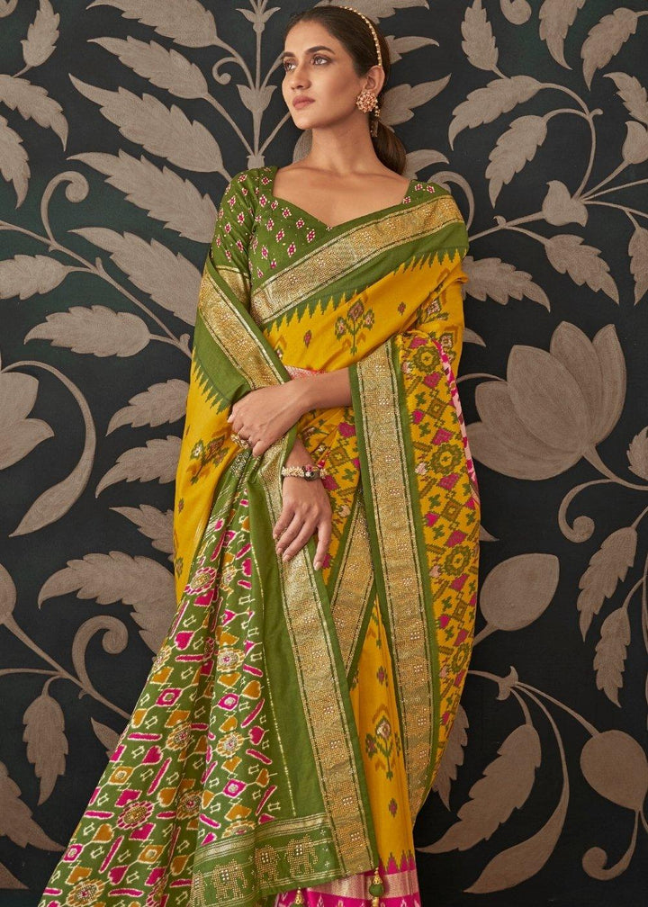 Yellow & Green Patola Silk Saree with Zari Border & Tassels On Pallu | Stitched Blouse - qivii