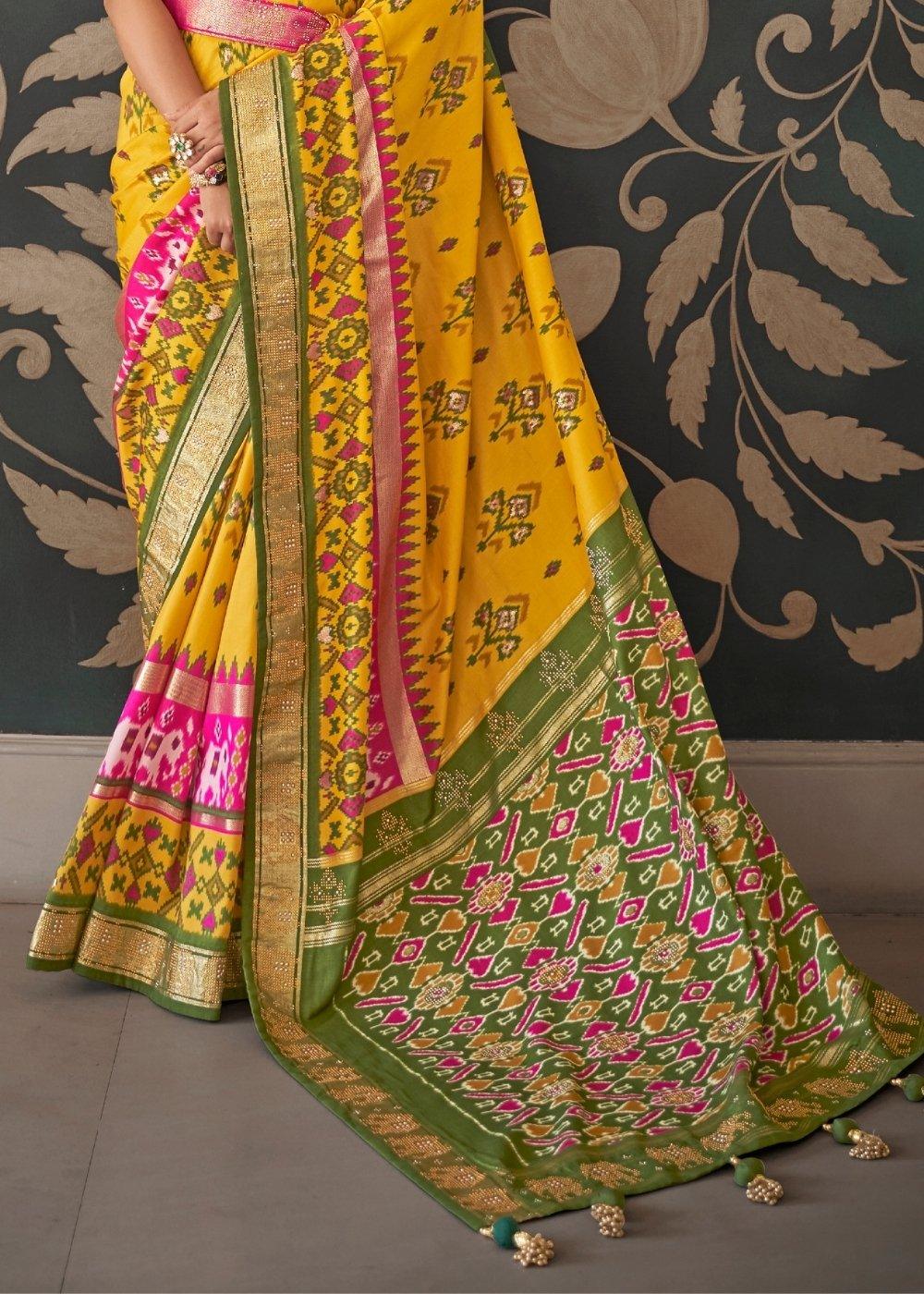 Yellow & Green Patola Silk Saree with Zari Border & Tassels On Pallu | Stitched Blouse - qivii