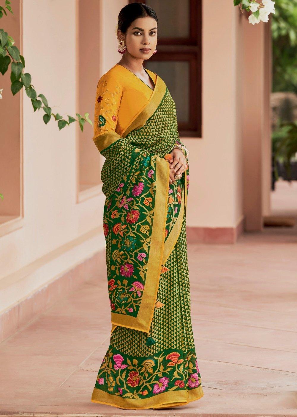 Yellow & Green Soft Silk Saree with Embroidered Blouse | Stitched Blouse - qivii