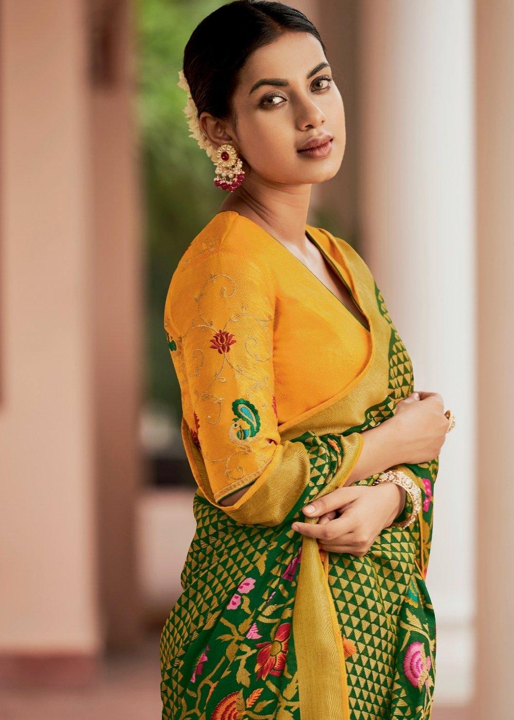 Yellow & Green Soft Silk Saree with Embroidered Blouse | Stitched Blouse - qivii