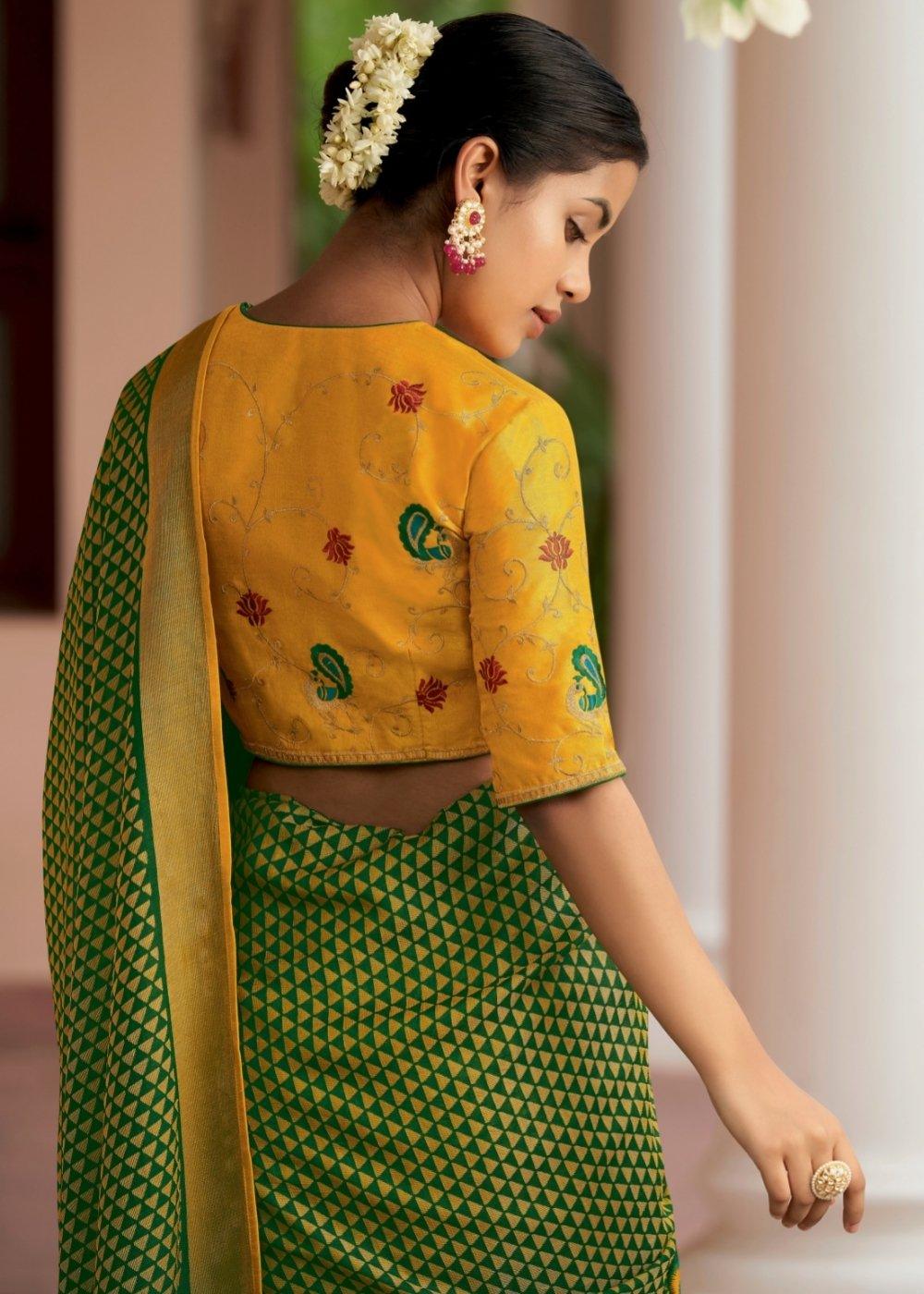 Yellow & Green Soft Silk Saree with Embroidered Blouse | Stitched Blouse - qivii