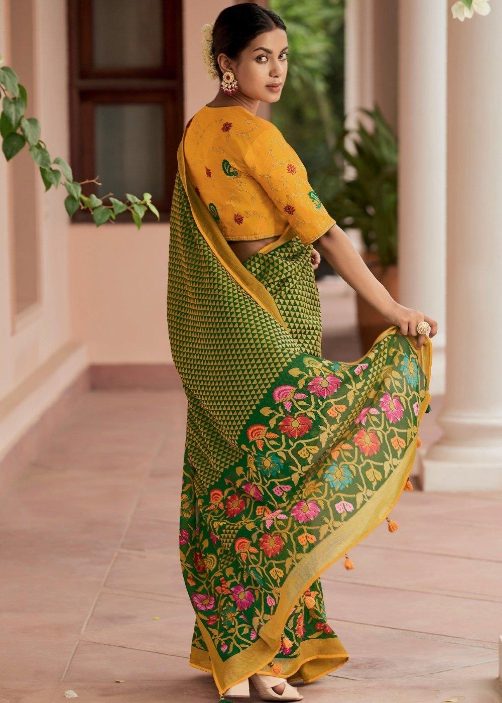 Yellow & Green Soft Silk Saree with Embroidered Blouse | Stitched Blouse - qivii