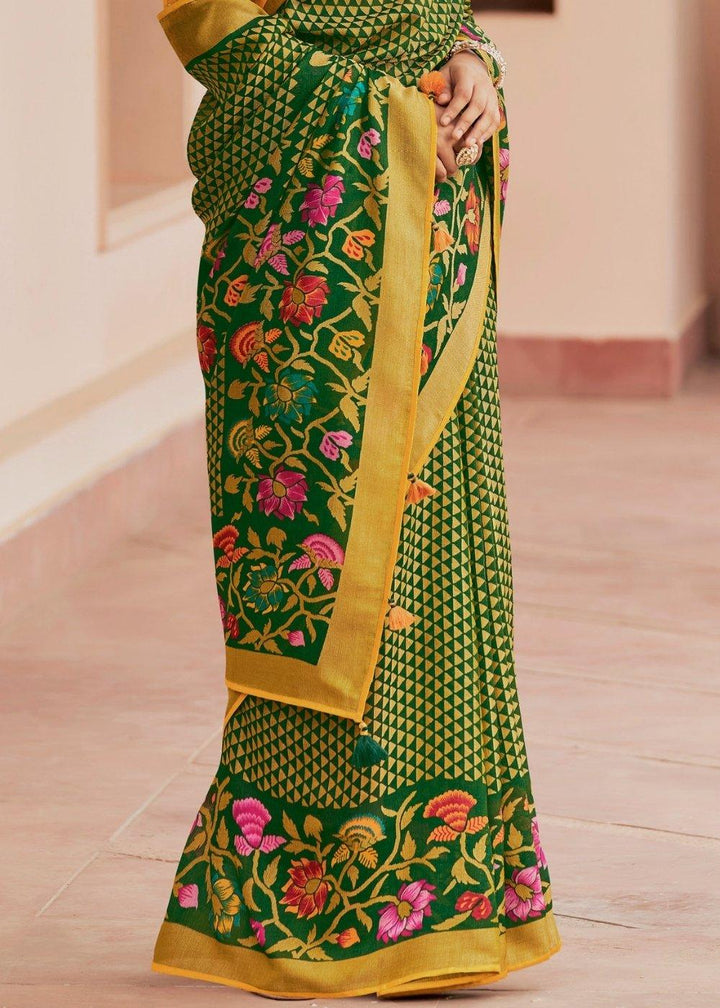 Yellow & Green Soft Silk Saree with Embroidered Blouse | Stitched Blouse - qivii