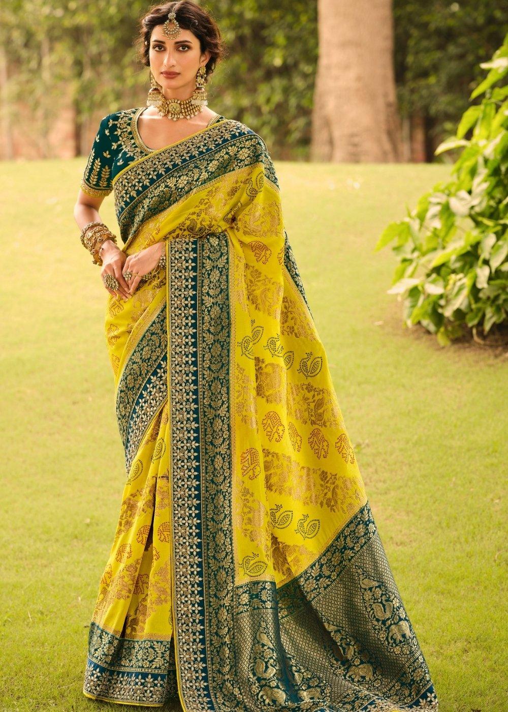 Yellow & Green Woven Dola Silk Saree Having Khatli work on Border & Blouse | Stitched Blouse - qivii