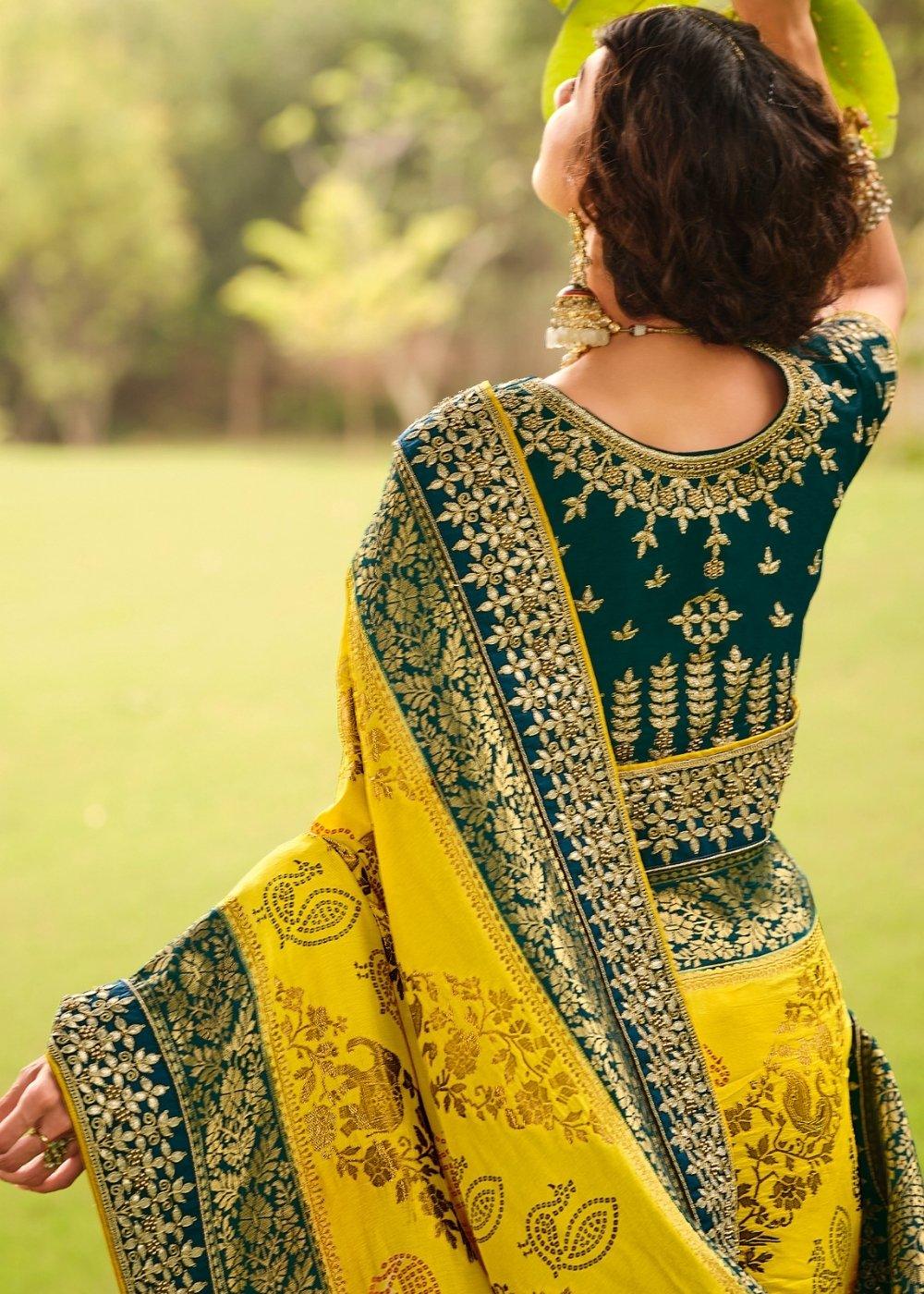 Yellow & Green Woven Dola Silk Saree Having Khatli work on Border & Blouse | Stitched Blouse - qivii