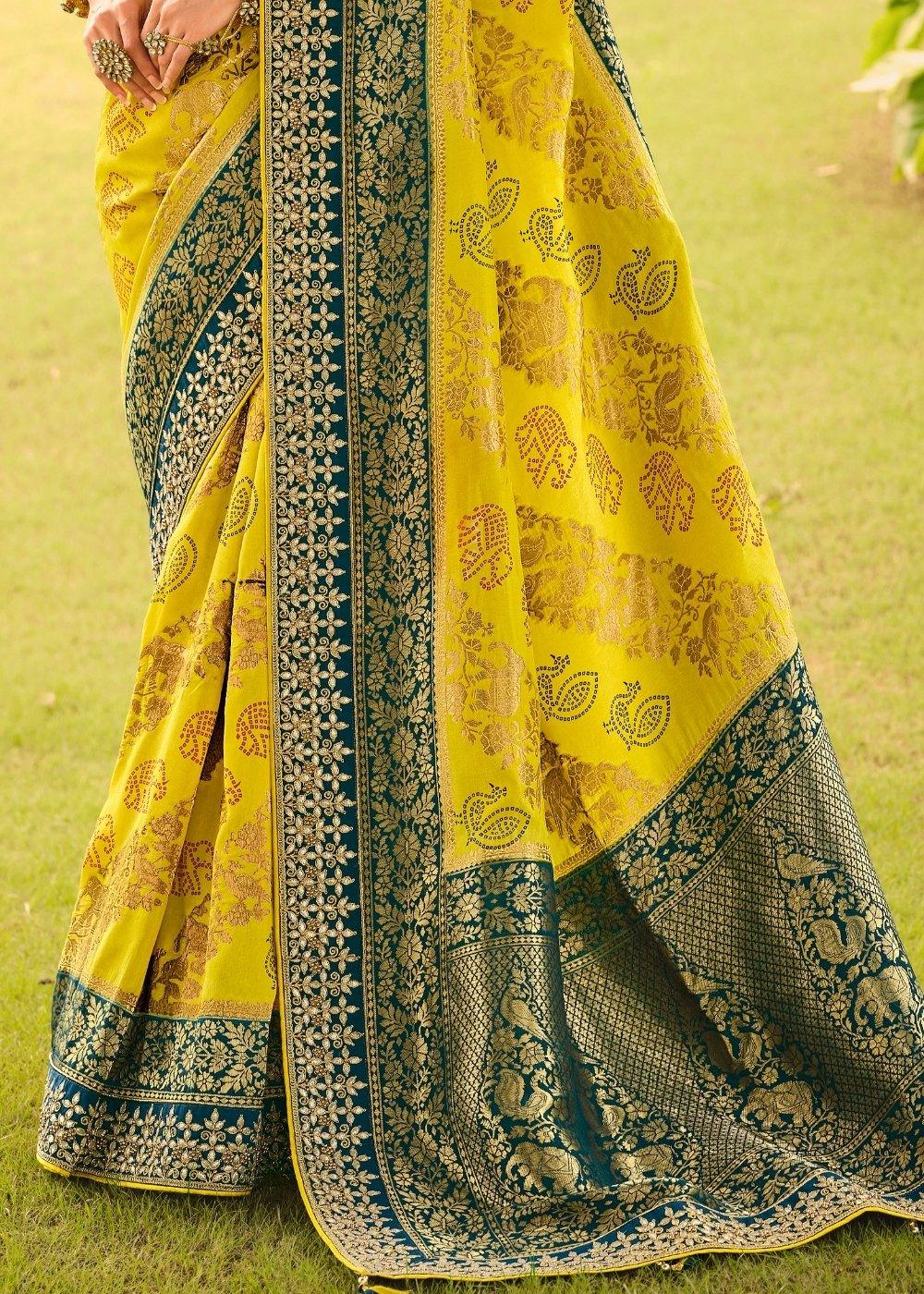 Yellow & Green Woven Dola Silk Saree Having Khatli work on Border & Blouse | Stitched Blouse - qivii