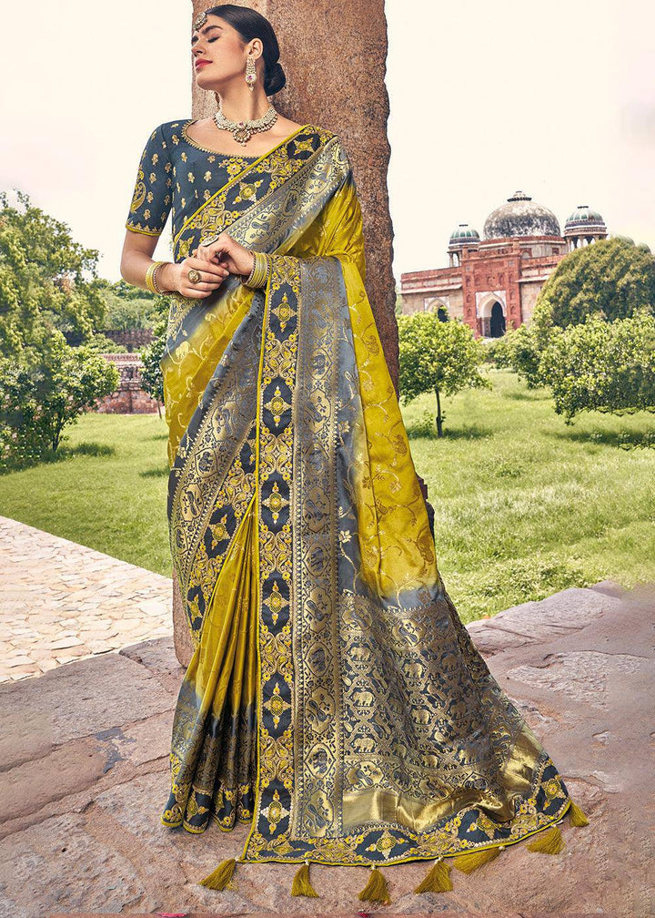 Yellow & Grey Zari Woven Banarasi Silk Saree with Embroidered Blouse | Stitched Blouse - qivii