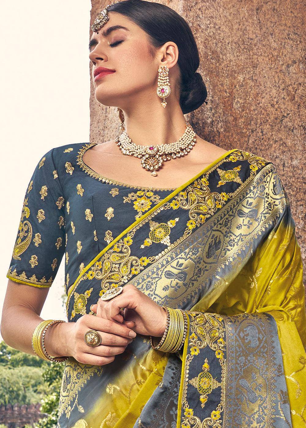 Yellow & Grey Zari Woven Banarasi Silk Saree with Embroidered Blouse | Stitched Blouse - qivii