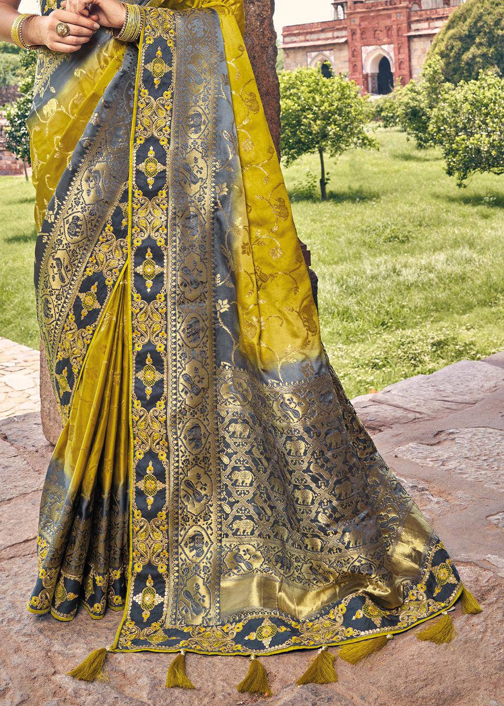 Yellow & Grey Zari Woven Banarasi Silk Saree with Embroidered Blouse | Stitched Blouse - qivii