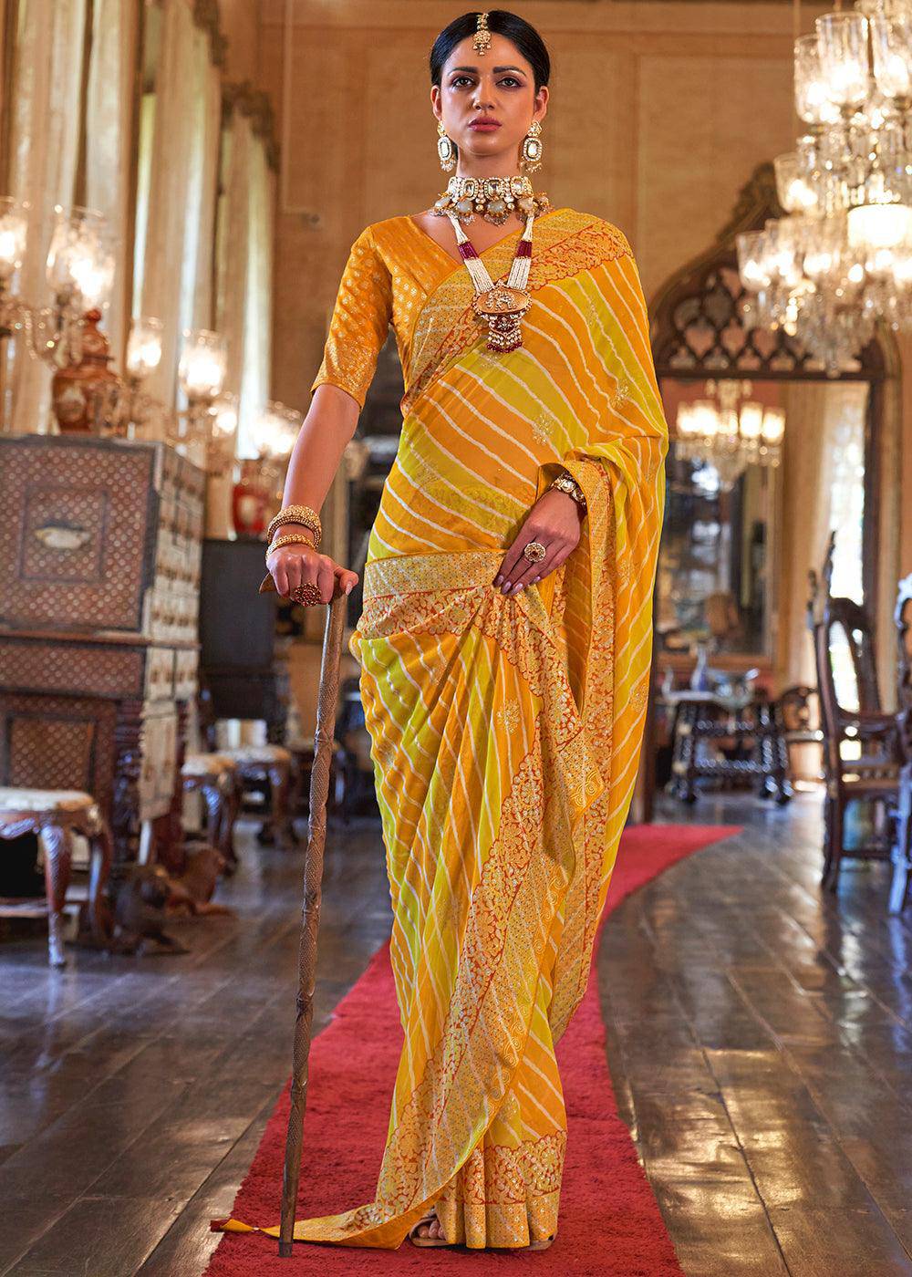 Yellow & Orange Leheriya Printed Georgette Saree | Stitched Blouse - qivii