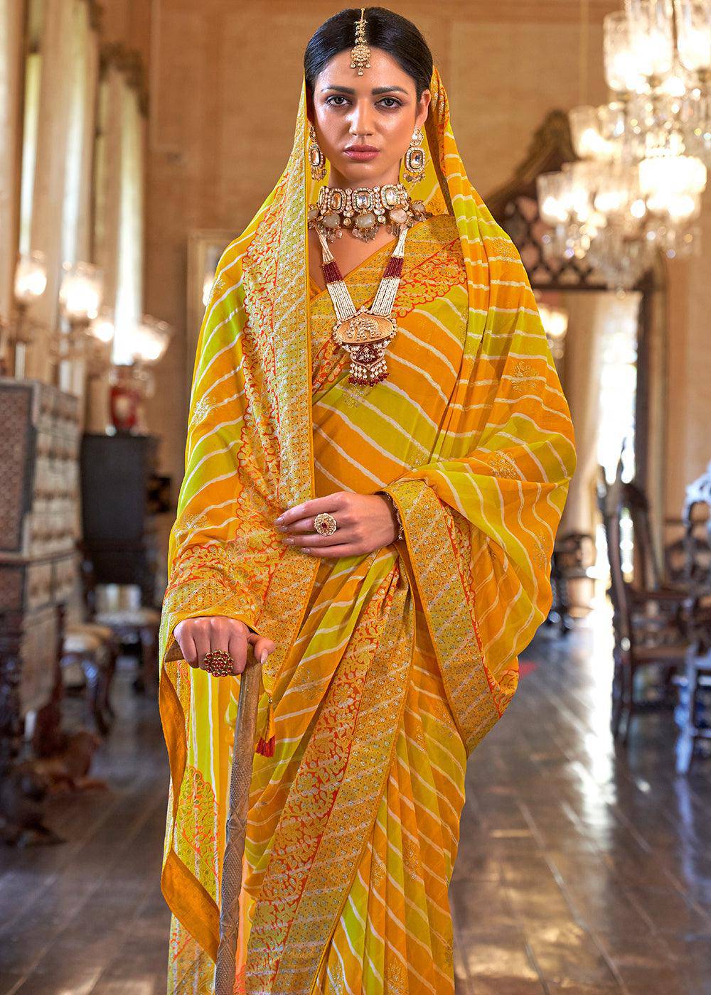 Yellow & Orange Leheriya Printed Georgette Saree | Stitched Blouse - qivii