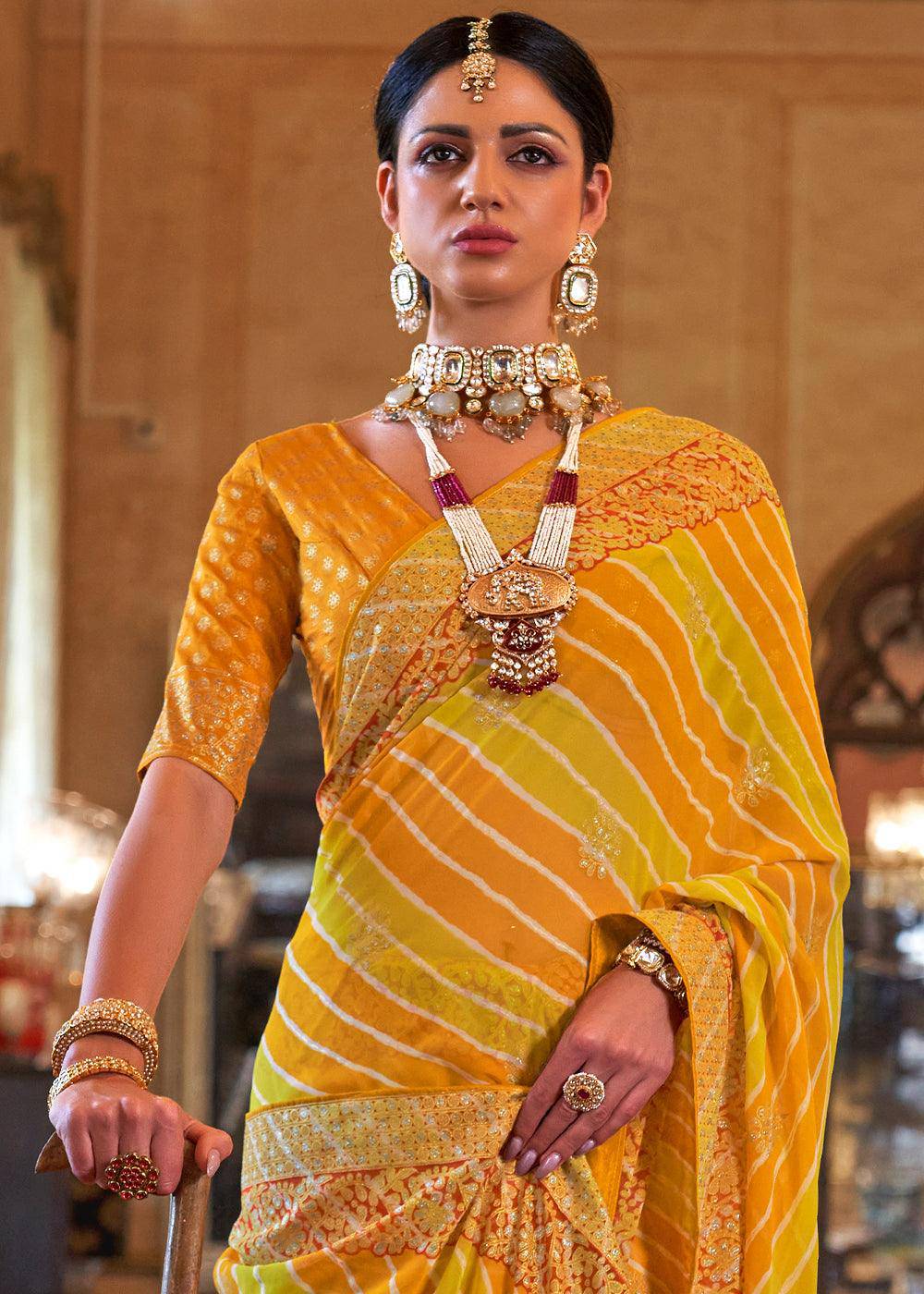 Yellow & Orange Leheriya Printed Georgette Saree | Stitched Blouse - qivii