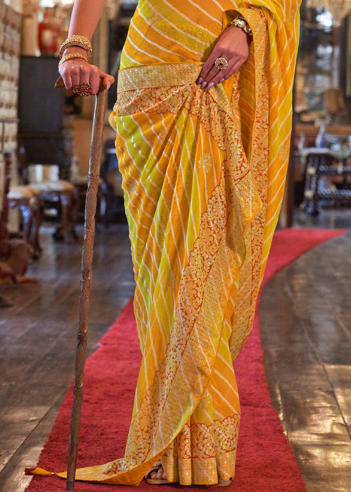 Yellow & Orange Leheriya Printed Georgette Saree | Stitched Blouse - qivii