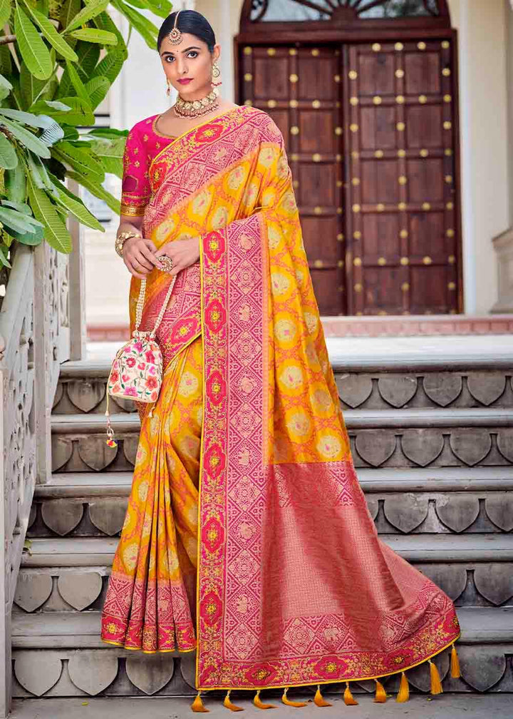 Yellow & Pink Floral Zari Woven Banarasi Silk Saree with Embroidered Blouse | Stitched Blouse - qivii