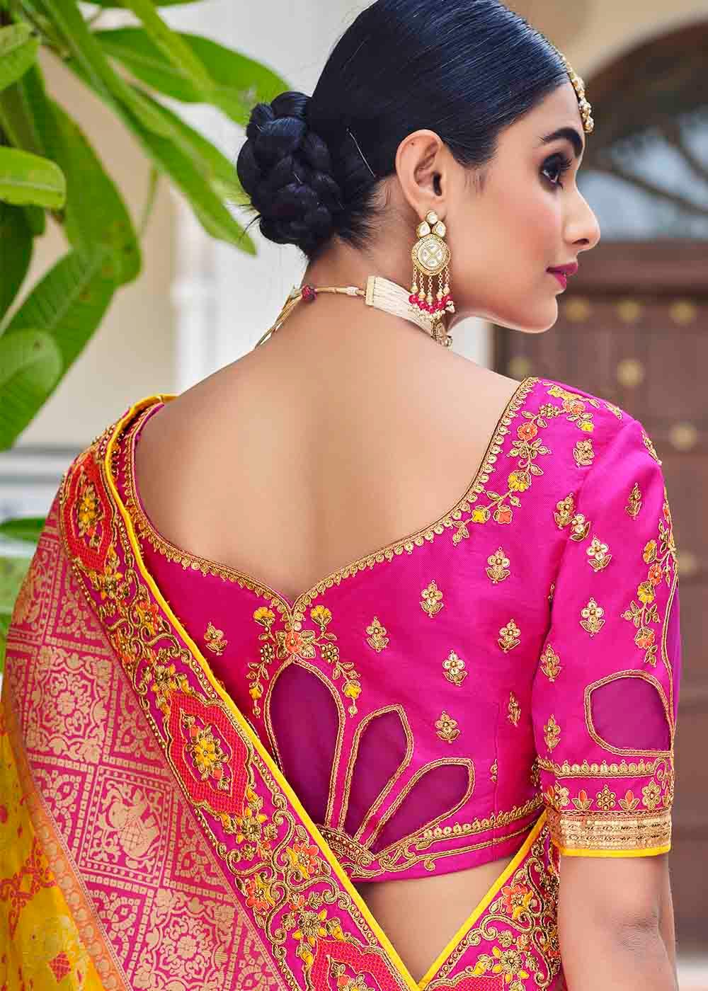 Yellow & Pink Floral Zari Woven Banarasi Silk Saree with Embroidered Blouse | Stitched Blouse - qivii