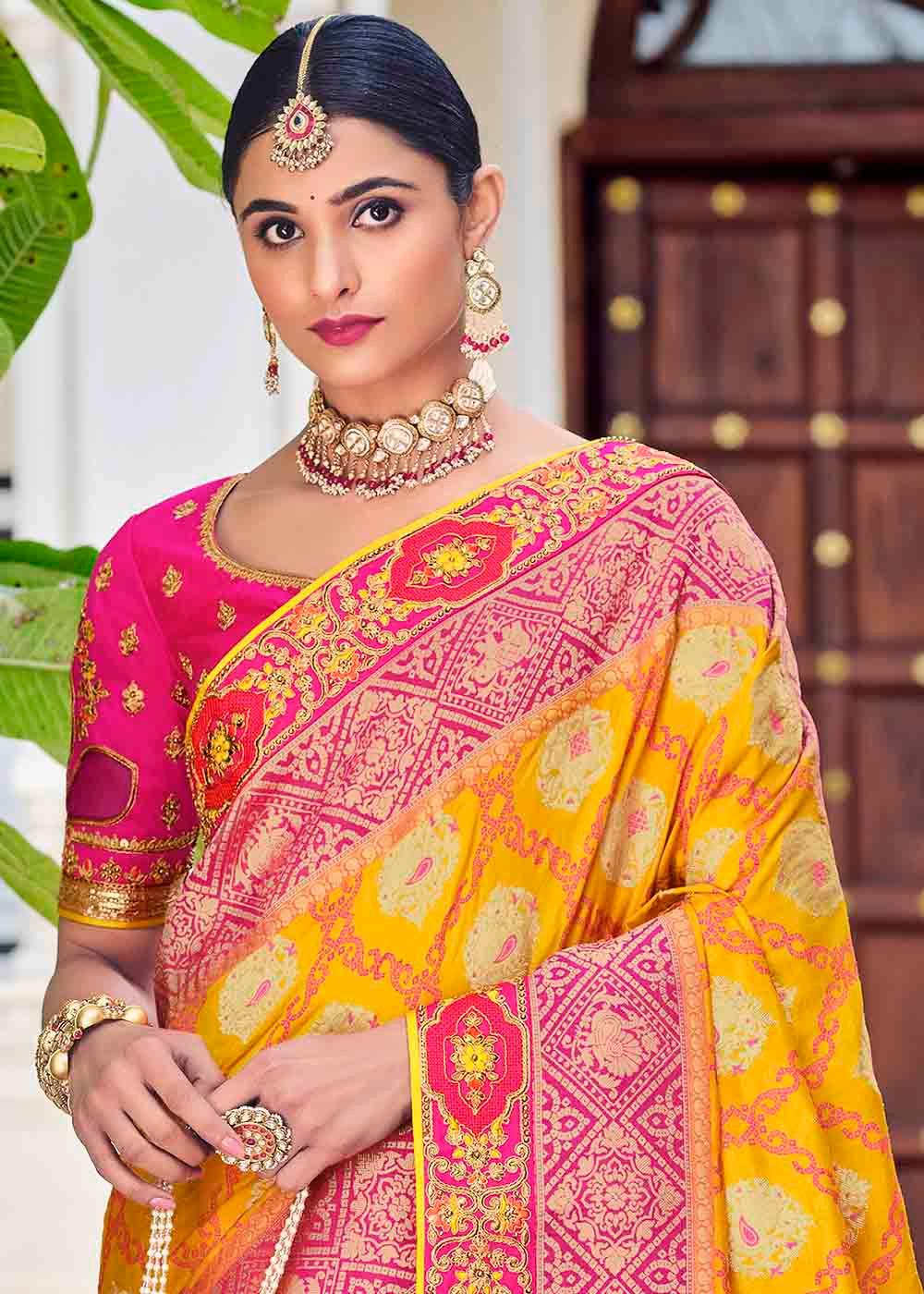 Yellow & Pink Floral Zari Woven Banarasi Silk Saree with Embroidered Blouse | Stitched Blouse - qivii