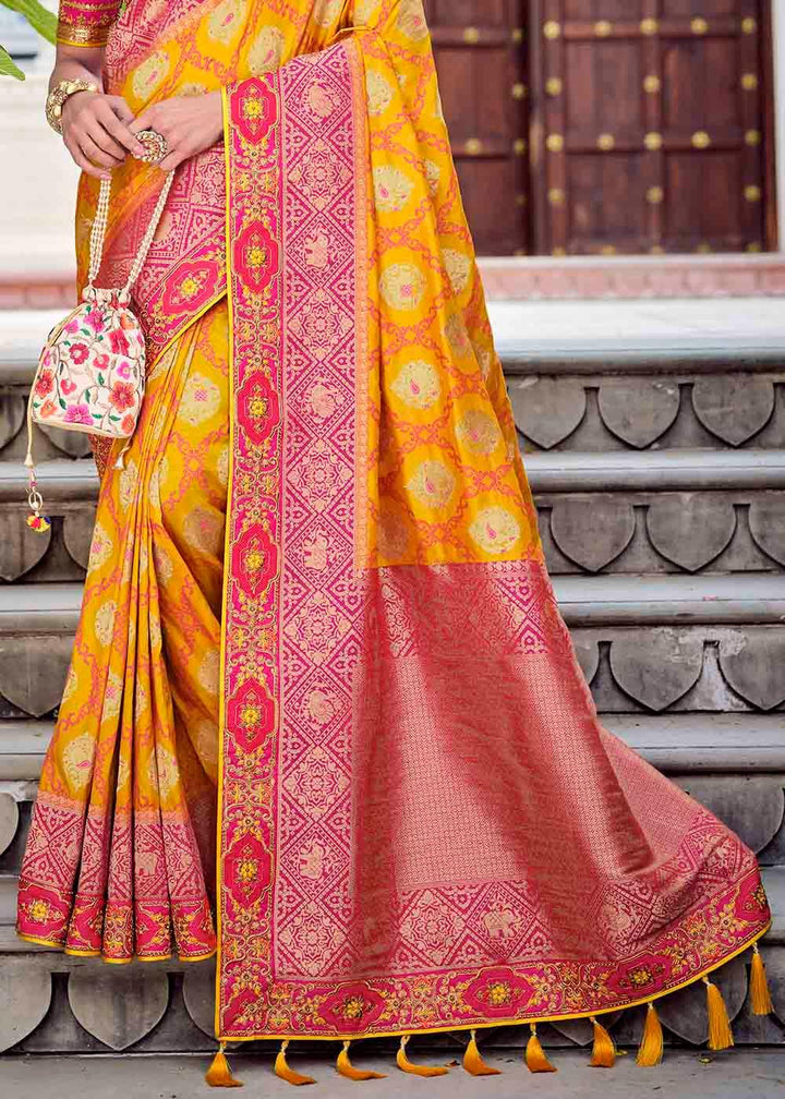 Yellow & Pink Floral Zari Woven Banarasi Silk Saree with Embroidered Blouse | Stitched Blouse - qivii