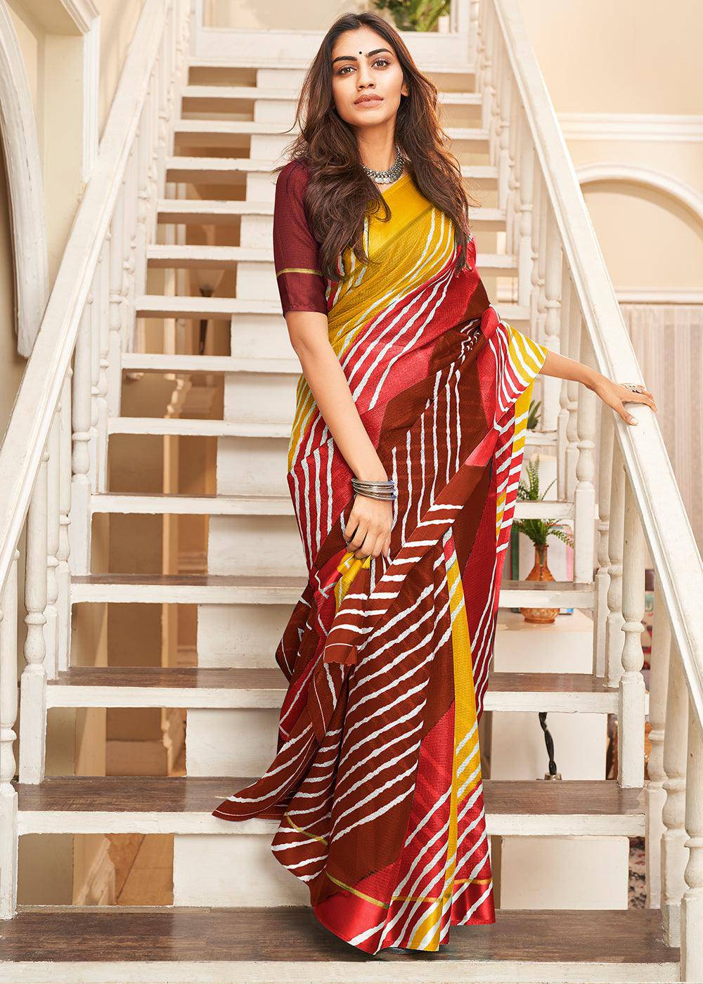 Yellow & Pink Leheriya Printed Cotton Saree: Summer Edition | Stitched Blouse - qivii