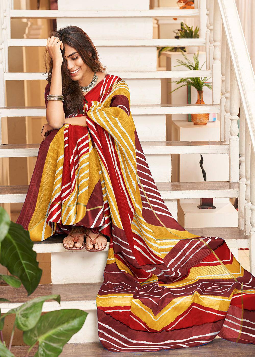 Yellow & Pink Leheriya Printed Cotton Saree: Summer Edition | Stitched Blouse - qivii