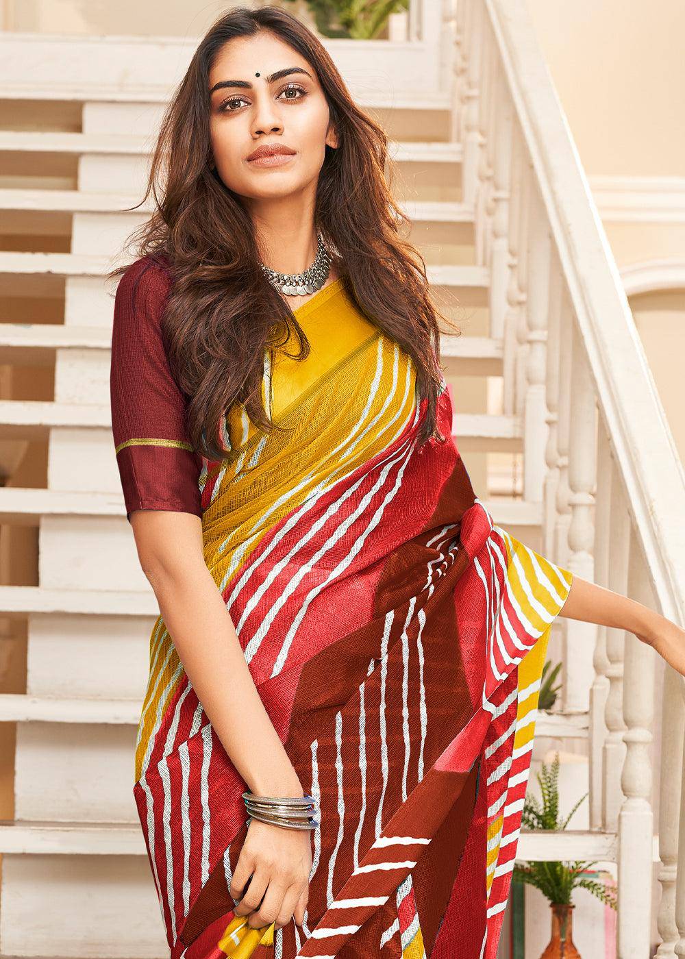 Yellow & Pink Leheriya Printed Cotton Saree: Summer Edition | Stitched Blouse - qivii