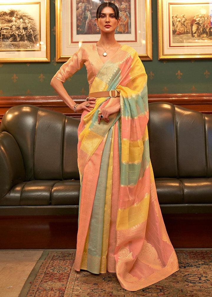 Yellow & Pink Woven Organza Silk Saree | Stitched Blouse - qivii