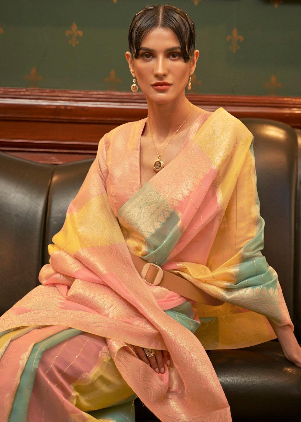 Yellow & Pink Woven Organza Silk Saree | Stitched Blouse - qivii