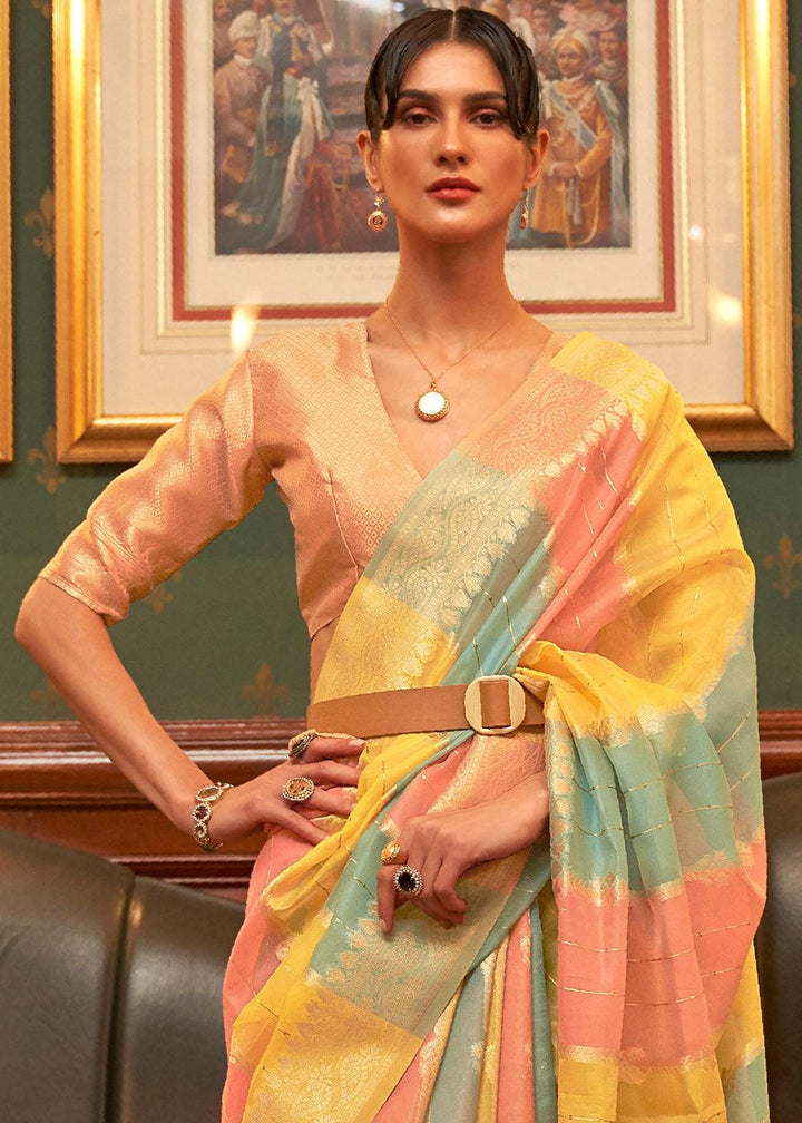 Yellow & Pink Woven Organza Silk Saree | Stitched Blouse - qivii