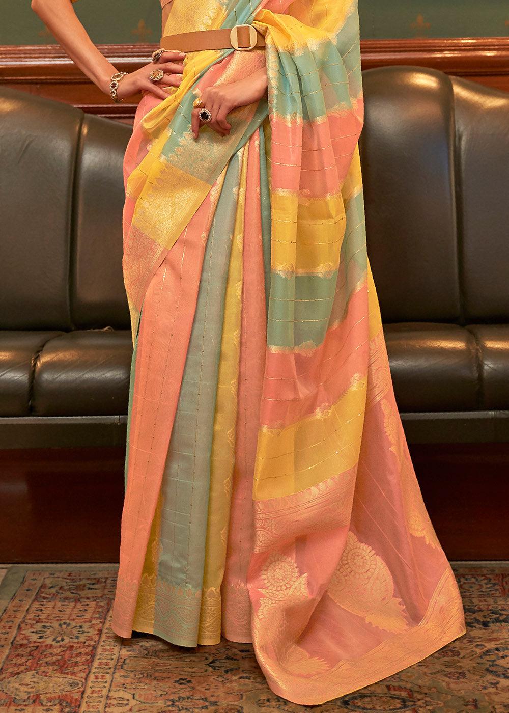 Yellow & Pink Woven Organza Silk Saree | Stitched Blouse - qivii