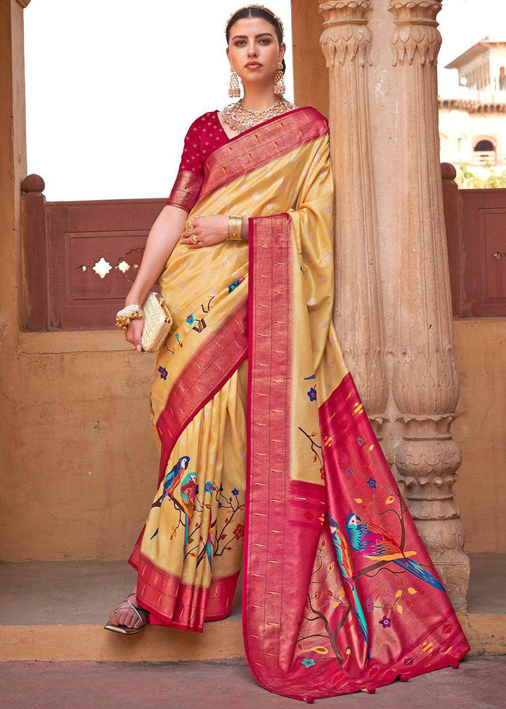 Yellow & Red Paithani Silk Saree | Stitched Blouse - qivii