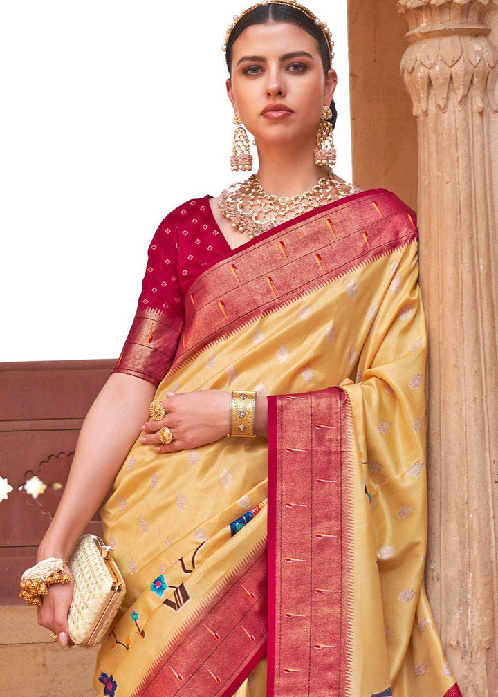 Yellow & Red Paithani Silk Saree | Stitched Blouse - qivii