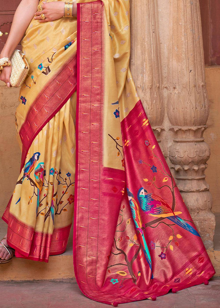 Yellow & Red Paithani Silk Saree | Stitched Blouse - qivii