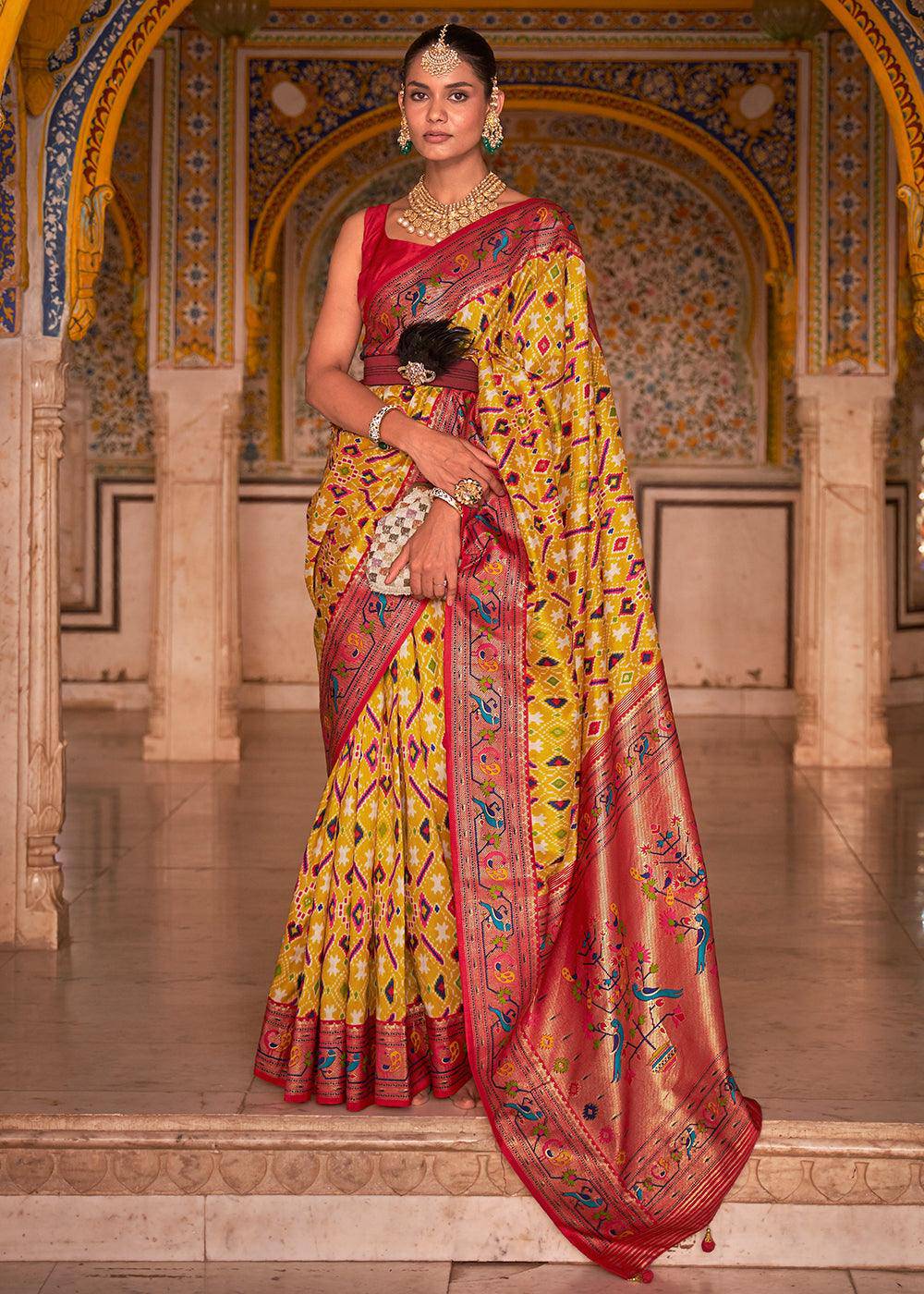 Yellow & Red Patola Printed Designer Silk Saree | Stitched Blouse - qivii