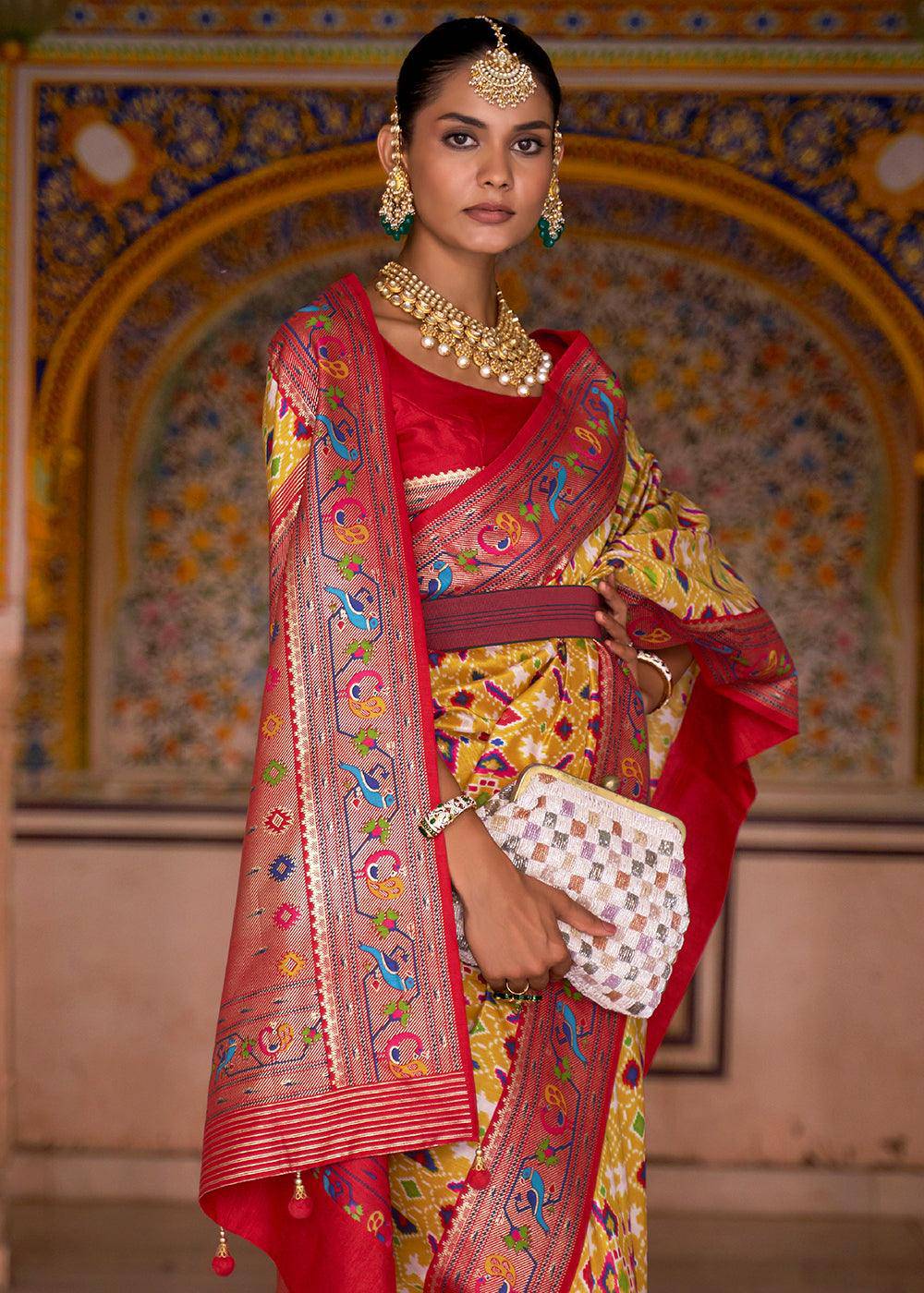 Yellow & Red Patola Printed Designer Silk Saree | Stitched Blouse - qivii