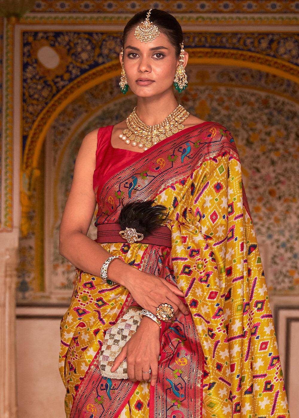 Yellow & Red Patola Printed Designer Silk Saree | Stitched Blouse - qivii