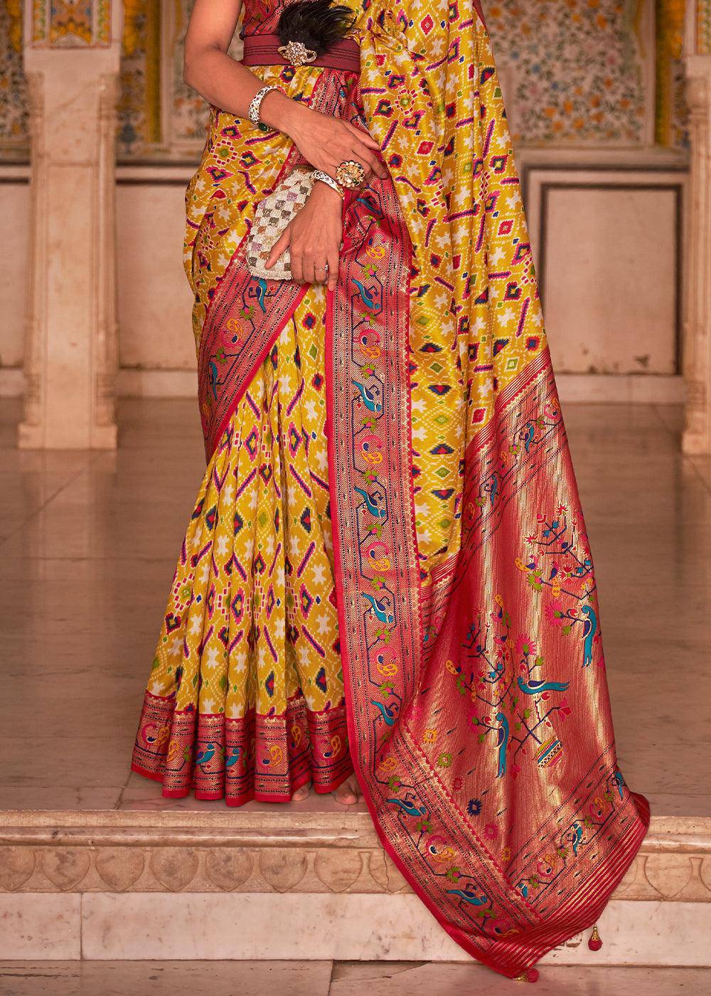 Yellow & Red Patola Printed Designer Silk Saree | Stitched Blouse - qivii