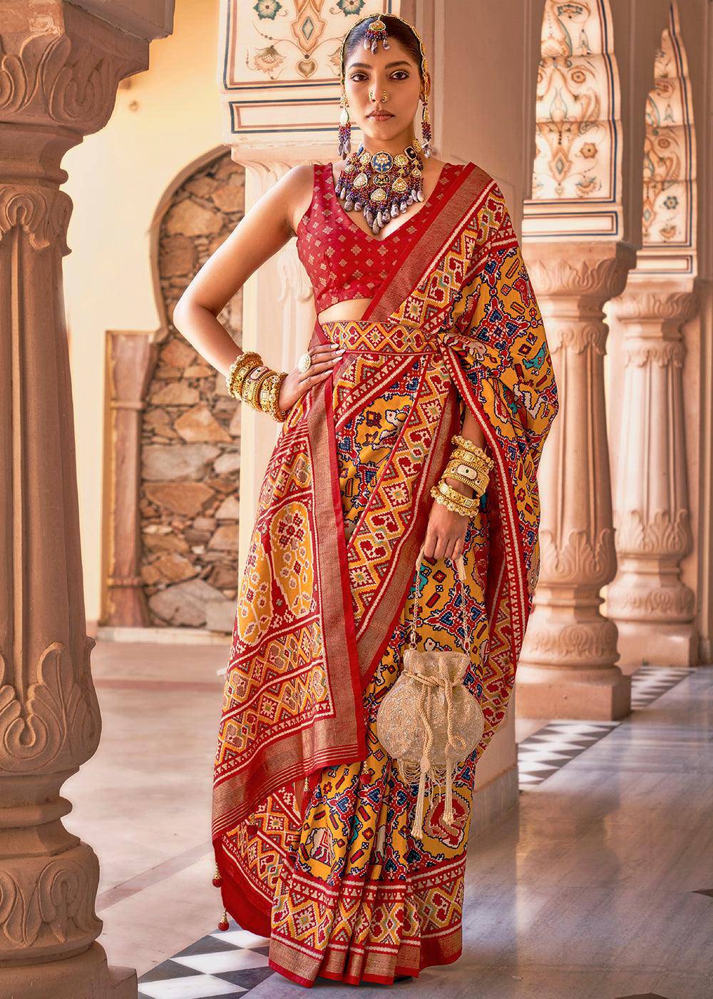 Yellow & Red Printed Patola Silk Saree | Stitched Blouse - qivii