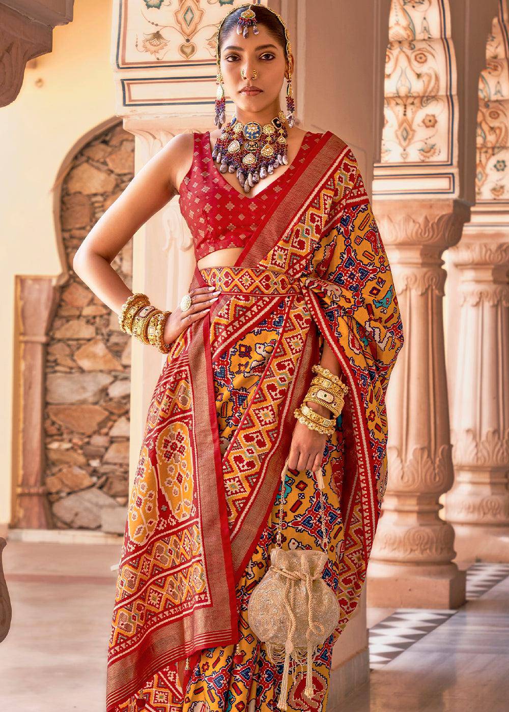 Yellow & Red Printed Patola Silk Saree | Stitched Blouse - qivii