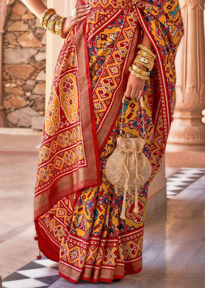 Yellow & Red Printed Patola Silk Saree | Stitched Blouse - qivii