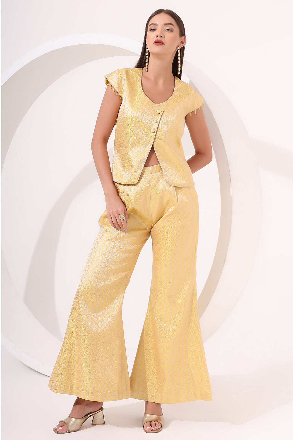 Yellow Brocade Cap Sleeve Co-Ord Set