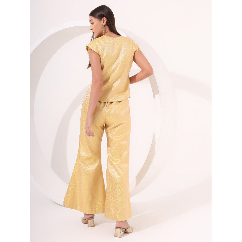 Yellow Brocade Cap Sleeve Co-Ord Set - qivii