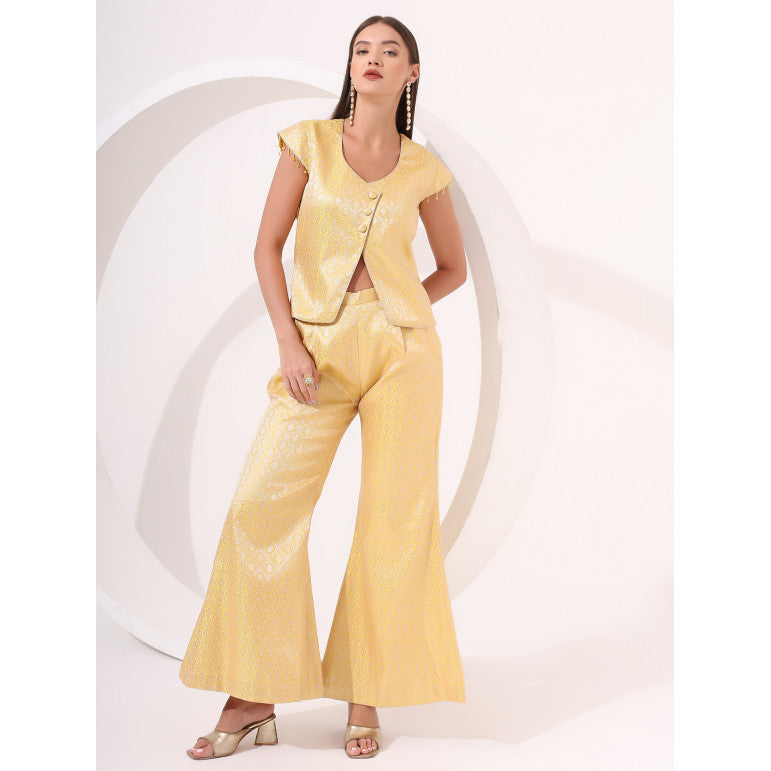 Yellow Brocade Cap Sleeve Co-Ord Set - qivii