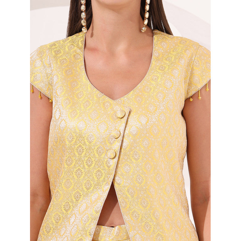 Yellow Brocade Cap Sleeve Co-Ord Set - qivii